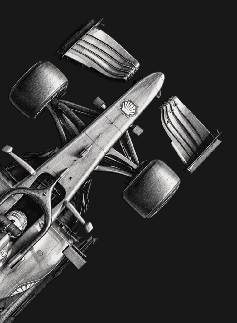Formula racing car seen from above on a dark background